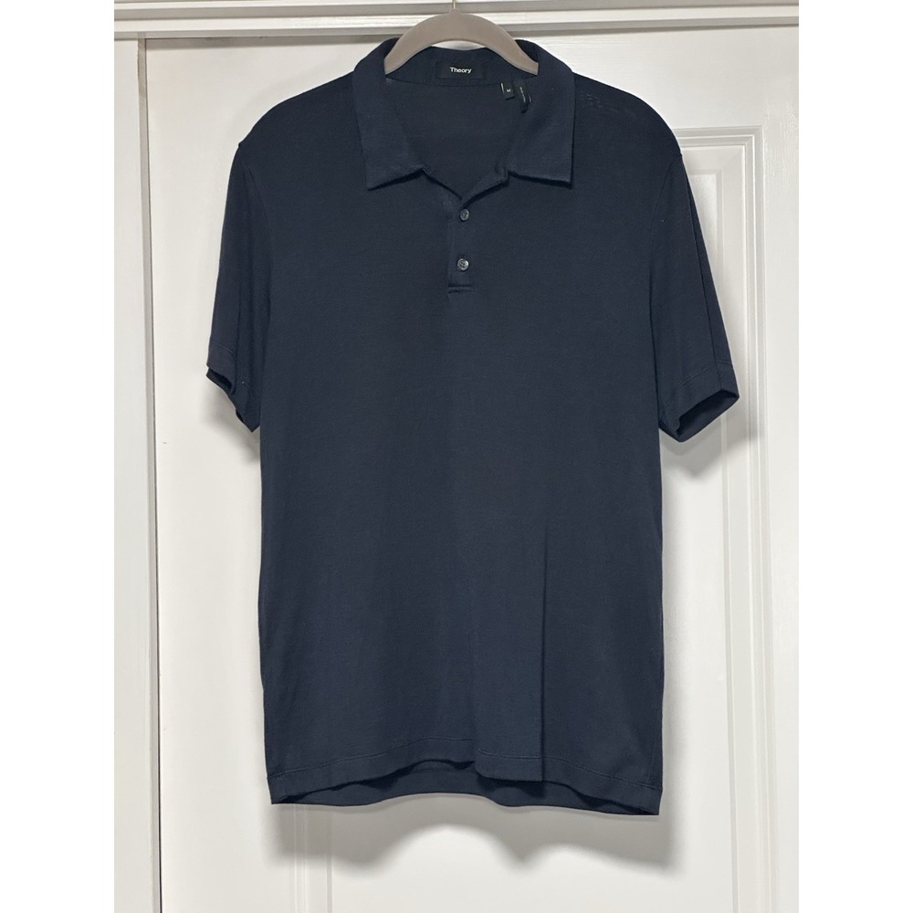 Theory, Men's Navy Short Sleeve Polo, Model & Polyester,‎ Size Medium